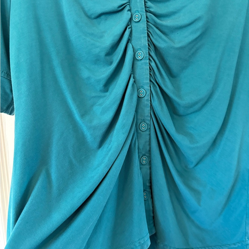 Modern Works Teal Ruched Button-Down Top - Picture 4 of 6